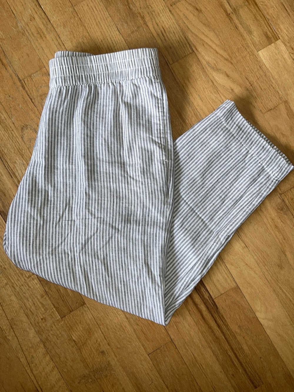 Old Navy Gray & White Striped Linen Blend High Rise Straight Ankle Pants